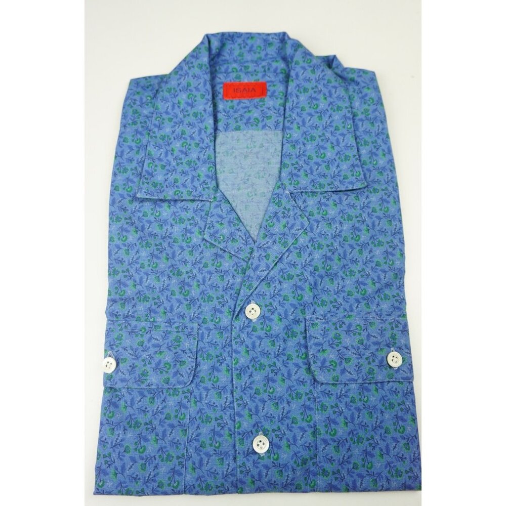 Isaia Napoli Blue Green Floral Pocket Short Sleeve Cotton Camp Shirt 15.5/39 NEW - Picture 1 of 5